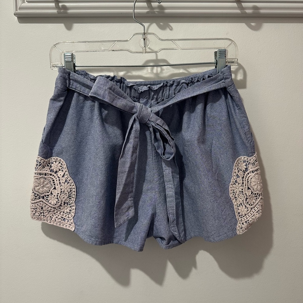 High Waist Blue Shorts Tie Waist